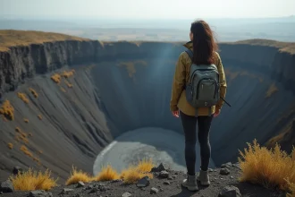 Voyageuse debout sur le bord d'un cratère volcanique en Sicile, vue panoramique sur le paysage volcanique italien