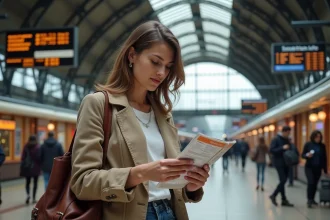 Voyageuse consultant son Eurail Pass dans une grande gare européenne avec architecture en fer et verre