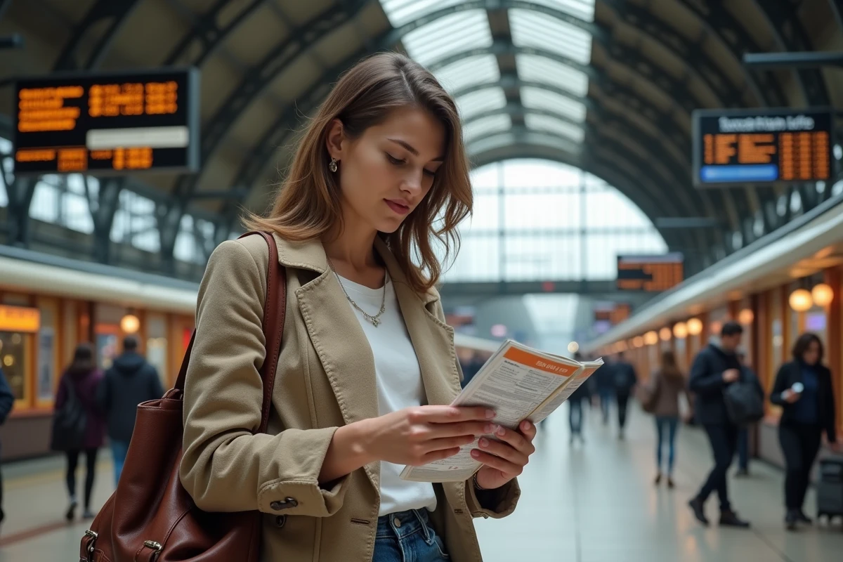 Voyageuse consultant son Eurail Pass dans une grande gare européenne avec architecture en fer et verre
