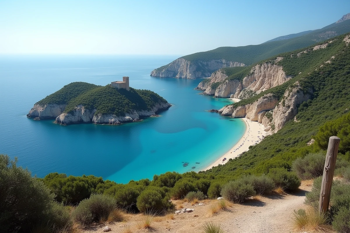 Vue panoramique sur la baie de Campomoro et la tour génoise depuis le sentier de randonnée en Corse