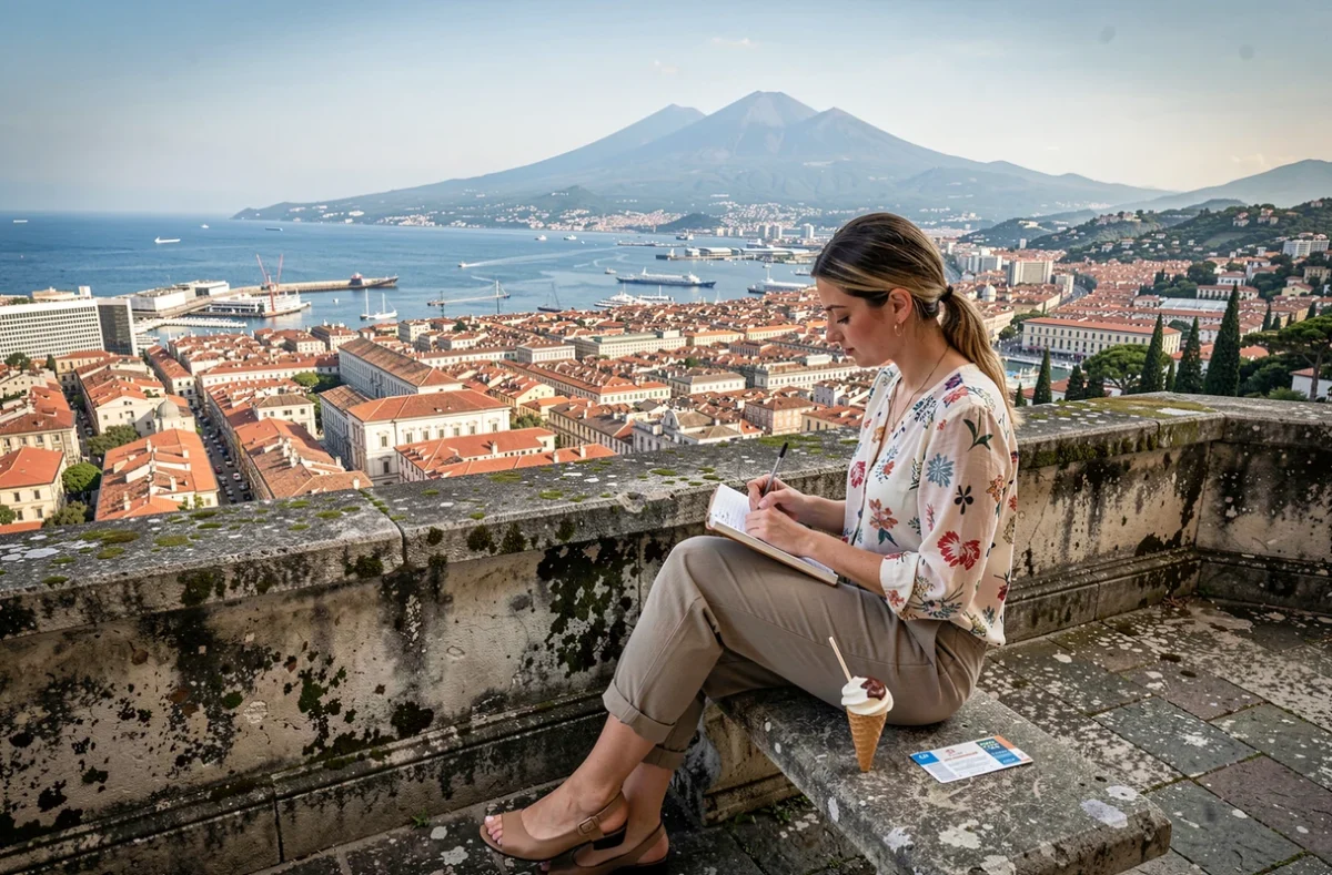 Voyageuse profitant de la vue panoramique sur le golfe de Naples et le Vésuve depuis la terrasse de la Certosa di San Martino